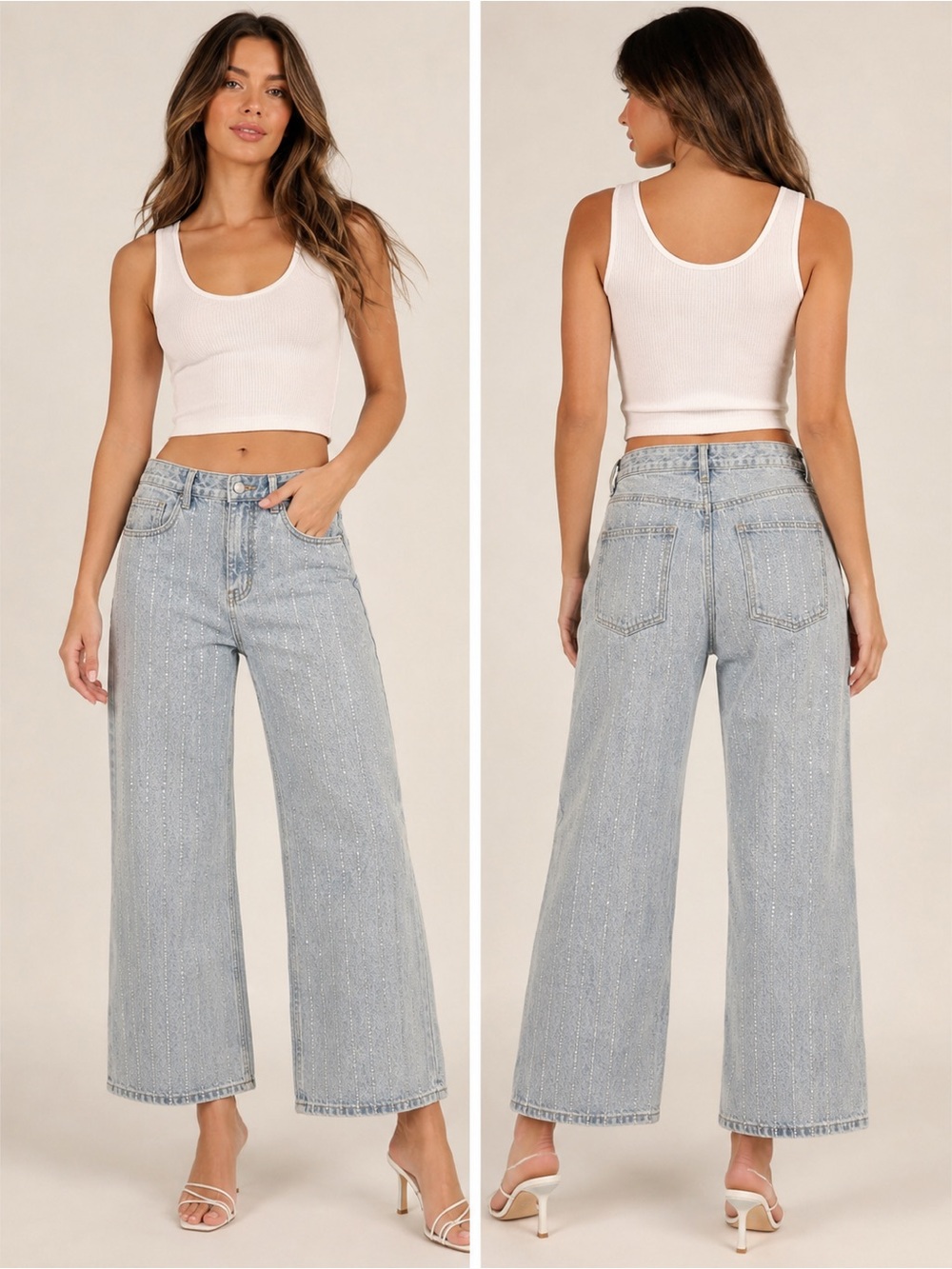 Lulus Light Wash Rhinestone Wide Leg Jeans NWT Size L